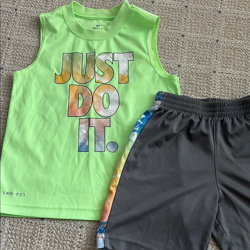 Nike Kids' Neon Green Tank and Gray Shorts Set